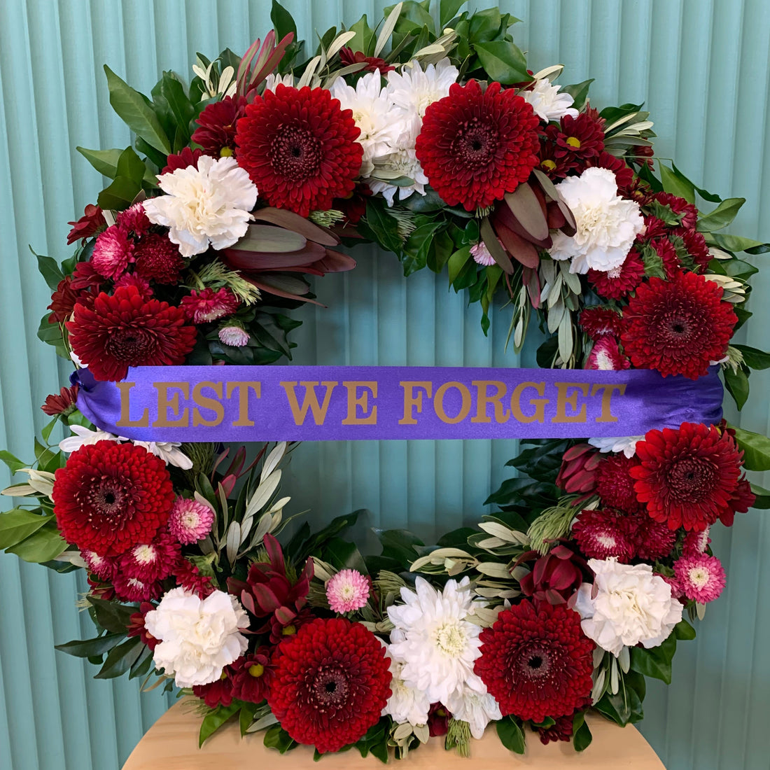 ANZAC Day Wreath - Red &amp; White Mixed Flowers